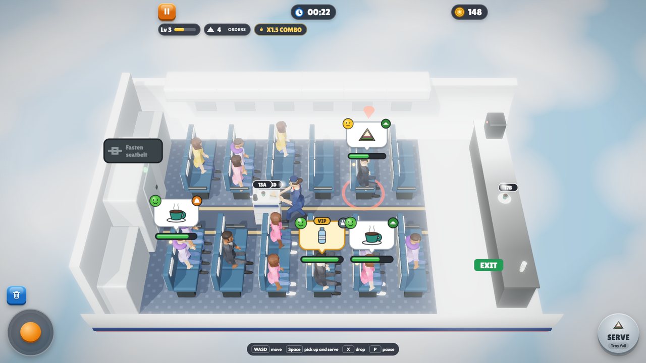 Tray Rush gameplay: the airplane cabin seen from above, with the meal trolley in the aisle