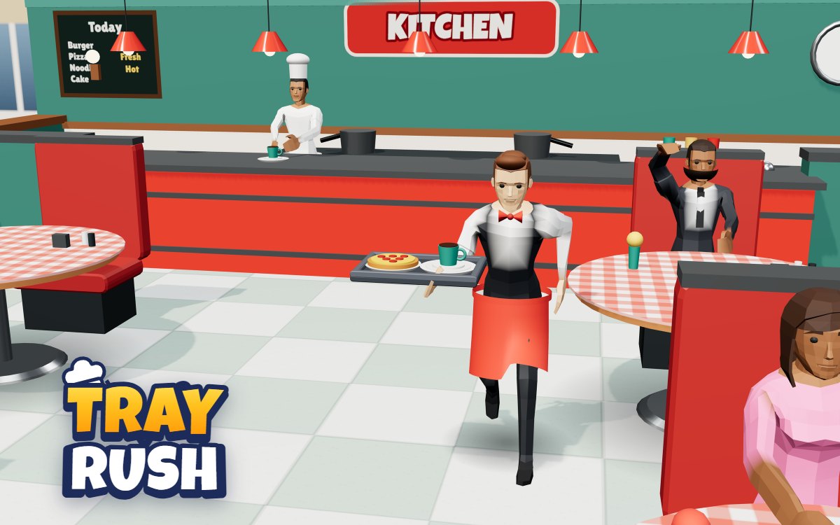 Tray Rush: the game logo next to two phones, one showing the city diner and one the airplane cabin