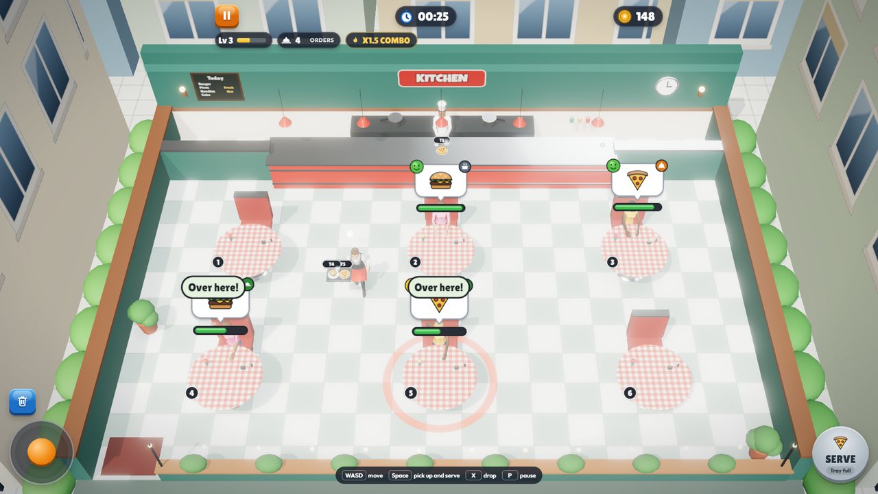 Tray Rush gameplay: the diner seen from above at lunchtime, with customers waiting for their orders