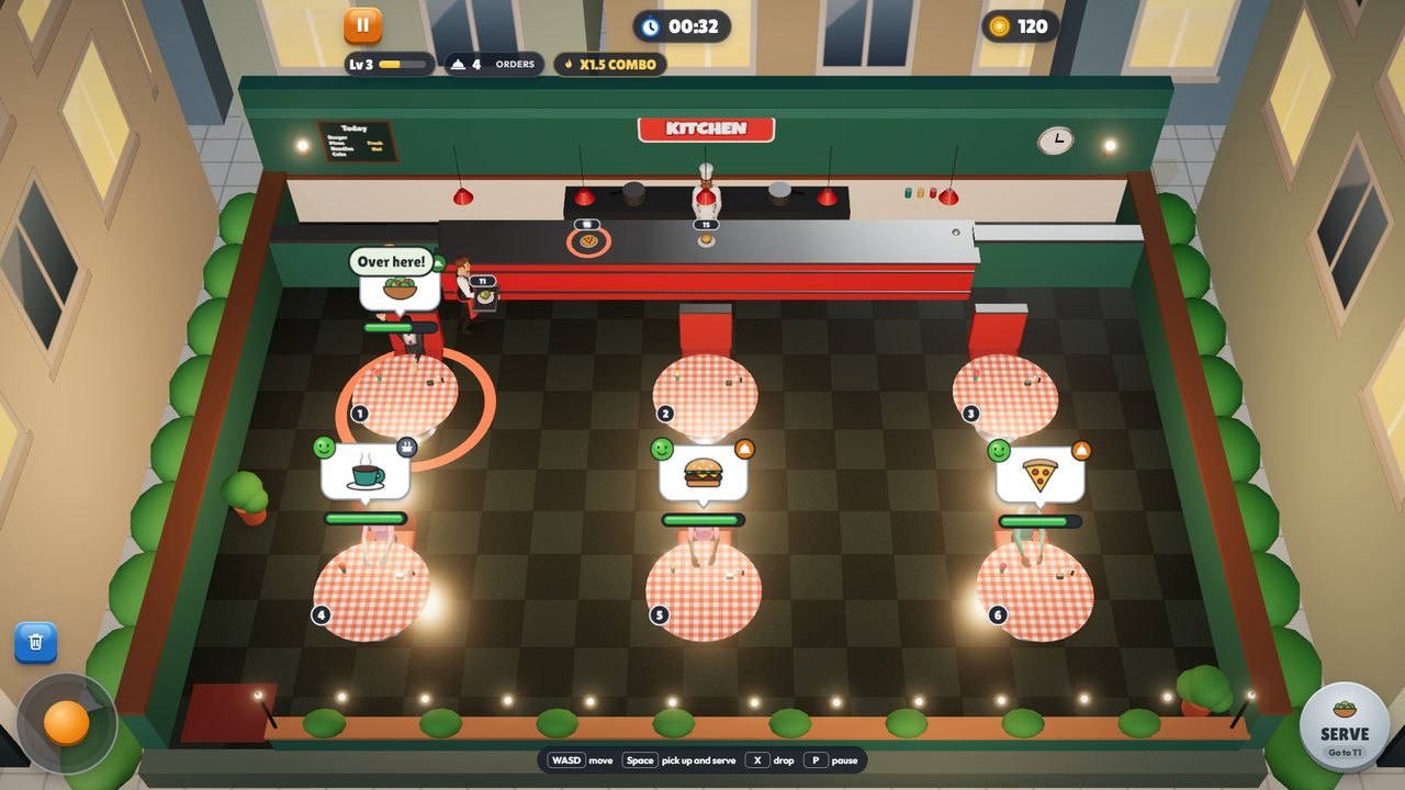 Tray Rush gameplay: the diner at night under warm lamps, with orders waiting at the tables